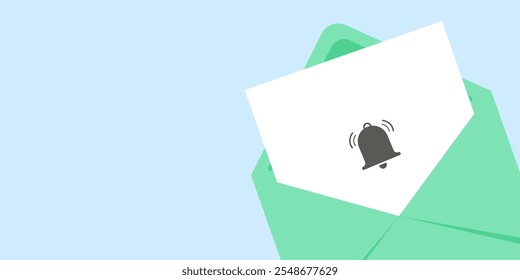 Message notification concept. Email service background with envelope and bell. Horizontal template for web banner, app, social media, poster.