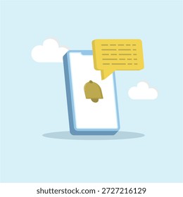 Concepto de notificación de mensajes, con icono de teléfono, burbuja de mensaje y campana sobre fondo azul.