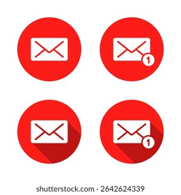 Message notification icon set with long shadow. Email envelope, receive mail sign symbol