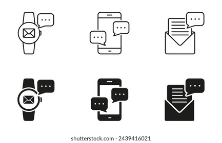 Message Notification Line and Silhouette Icon Set. Online Communication Symbol Collection. Text Chat, Discussion Sign. Email In Smartwatch, Smartphone. Editable Stroke. Isolated Vector Illustration.