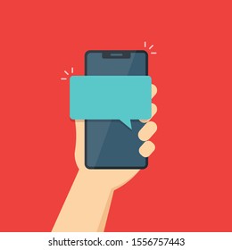 
message or notification on mobile phone screen empty space speech bubble for copy. flat vector illustration in cartoon style. SMS notification on smartphone screen. Gadget in hand.10 eps.