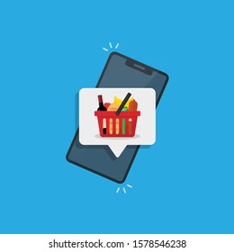 Message or notification for regular customers on the mobile phone screen about discounts on products in the supermarket. basket with a set of products.stock vector illustration.10 eps.