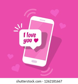 Message notification with the text I love you. New message on the smartphone screen. Vector illustration.