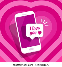 Message notification with the text I love you. New message on the smartphone screen. Phone on a colorful pink background. Vector illustration.