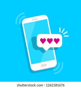 Message notification with three heart symbols. New message on the smartphone screen. Vector illustration.
