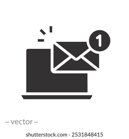 mensagem no desktop, laptop com correio, marketing de notificação, informações na caixa de correio do pc, e-mail de alerta, ilustração de vetor plana