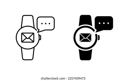 Message on Smart Watch Silhouette and Line Icon Set. Smartwatch Notification Pictogram. Communication Mail Envelope Icon on Tracker. Modern Sport Gadget. Editable Stroke. Isolated Vector Illustration.