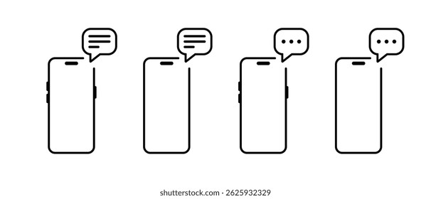 Message on smartphone device icon set. Speech bubble with mobile phone sign symbol