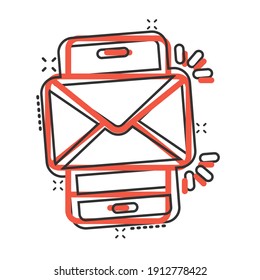 Message on smartphone icon in comic style. Mail with phone cartoon vector illustration on white isolated background. Envelope splash effect business concept.