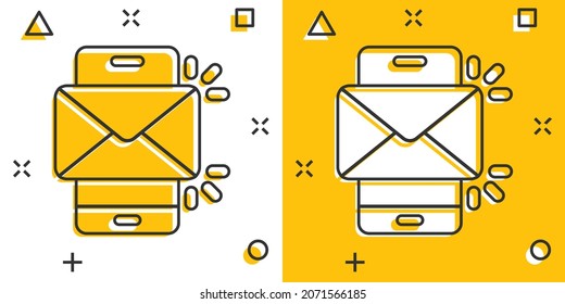 Message on smartphone icon in comic style. Mail with phone cartoon vector illustration on white isolated background. Envelope splash effect business concept.