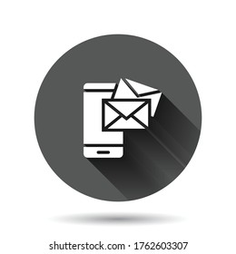 Message on smartphone icon in flat style. Mail with phone vector illustration on black round background with long shadow effect. Envelope circle button business concept.
