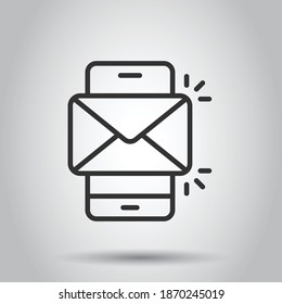 Message on smartphone icon in flat style. Mail with phone vector illustration on white isolated background. Envelope business concept.