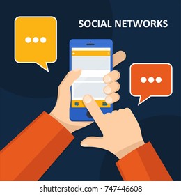 Message on smartphone screen. Hand holds smartphone, finger touches screen. Flat design vector illustration