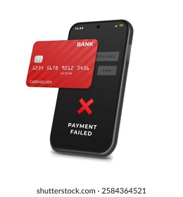 Message on smartphone screen that online payment failed when paying with bank card, vector illustration. Transaction declined or an error occurred while executing it.