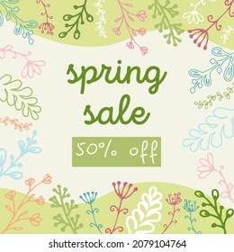 The message on the social network in green is decorated with a floral ornament and the inscription "Spring Sale"