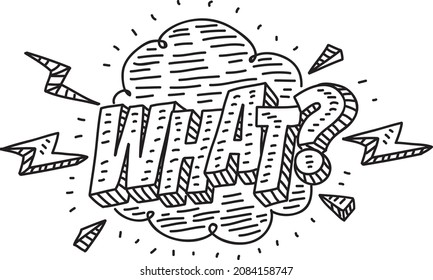 "What?" - the message on the speech bubble. Sketchy vector illustration.