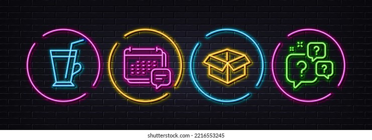 Mensaje, Abrir caja y los iconos de línea mínimos del café. Luces 3d láser neón. Iconos de burbujas de preguntas. Para web, aplicación, impresión. Aviso de calendario, paquete de entrega, última bebida. Faq. Vector