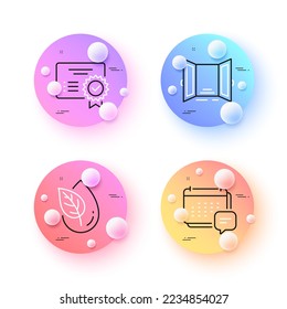Message, Organic product and Open door minimal line icons. 3d spheres or balls buttons. Certificate icons. For web, application, printing. Calendar notification, Leaf, Entrance. Vector