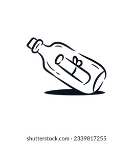 A message paper in a glass bottle hand drawn line clip art. Outline cartoon doodle vector icon logo illustration
