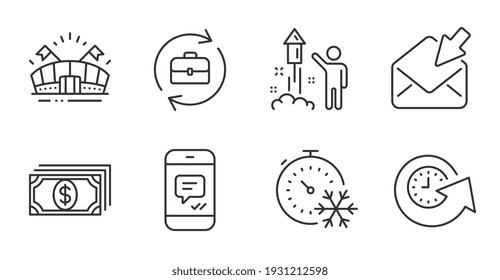 Message, Payment and Fireworks line icons set. Freezing timer, Update time and Sports arena signs. Human resources, Open mail symbols. Phone messenger, Finance, Party pyrotechnic. Vector