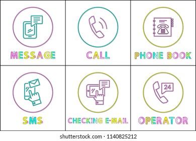 Message and phone book posters set. Checking email and sms, operator icon representing cell with 24 hours service image, calls vector illustration