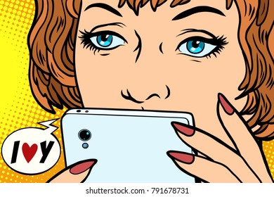The message in phone, communication and conversation. Pop art woman I love you. Comic book cartoon retro color illustration drawing