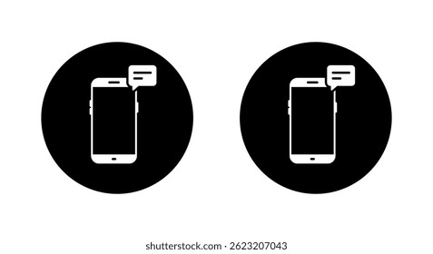 Message phone icon on black circle. Speech bubble with smartphone sign symbol