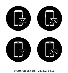 Message phone icon set on black circle. Envelope email on cellphone sign symbol