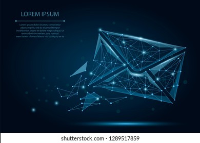 Message. Polygonal wireframe mesh envelope on dark blue night sky with dots and stars. Low poly Mail, Letter, email or other concept vector illustration