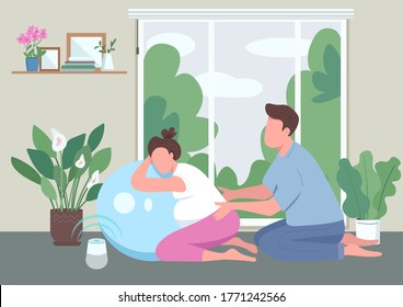 Message for pregnant woman flat color vector illustration. Husband and wife with aerobic ball. Fitness class for pregnancy. Young couple 2D cartoon characters with interior on background