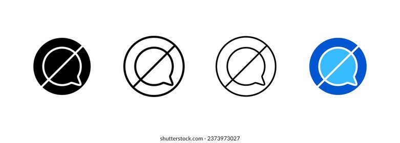 Message prohibited icons. Different styles, crossed out message bubble, message prohibited. Vector icons