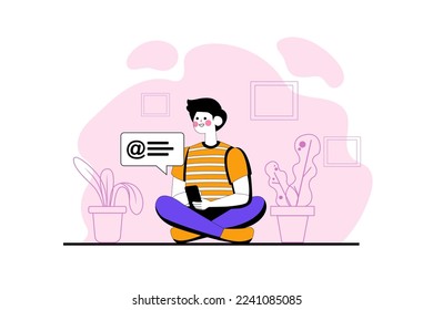 Message purple concept with people scene in the flat cartoon style. Guy checks his email and sends a message. Vector illustration.