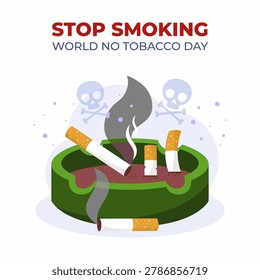 A message to quit smoking. Cigarettes are scattered in a green ashtray. Smoke billows upward, forming menacing shapes. A skull and crossbones hover in the background.