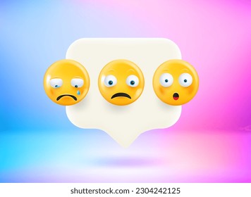 Message with sad emojis. Chat bubble with cute emoji. Vector 3d illustration