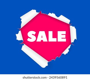 Message Sale on pink paper view through torn hole realistic vector illustration. Advertising campaign 3d object on blue background