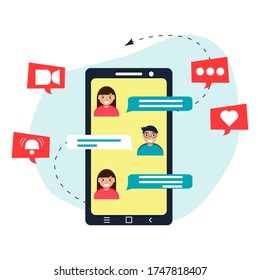 Message. Screen smartphone. Messenger, telephone correspondence, social networks. Man and woman messaging by chat. Vector illustration in flat style