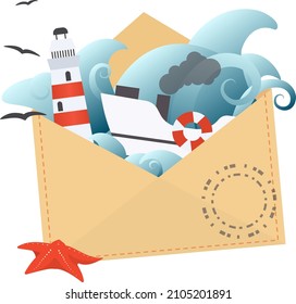message from sea in envelope wave lighthouse  ship. design for travel advert 