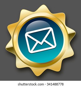 Message seal or icon with envelope symbol. Glossy golden seal or button.