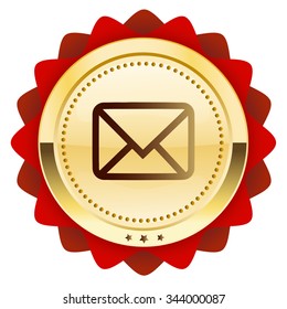 Message seal or icon with envelope symbol. Glossy golden seal or button.