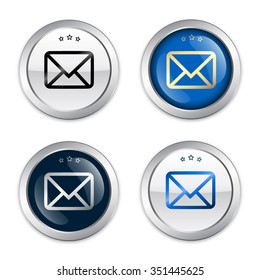 Message seal or icon with envelope symbol. Glossy silver seal or button.