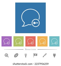 Message secure outline flat white icons in square backgrounds. 6 bonus icons included.
