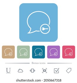 Message secure outline white flat icons on color rounded square backgrounds. 6 bonus icons included