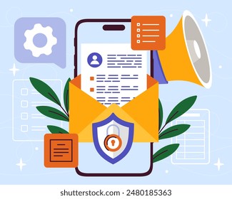 Seguridad de mensajes en el teléfono. Smartphone con letras. Correspondencia comercial. Seguridad de los datos e información personales. Archivados y documentos de protección. Ilustración vectorial plana de dibujos animados