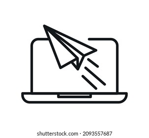 Message Send document icon on computer screen. Paper airplane icon.
