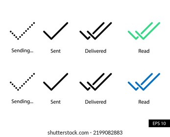 Message Sending, Sent, Delivered and Read tick vector icon set in line style design for website design, app, UI, isolated on white background. Editable stroke. EPS 10 vector illustration.