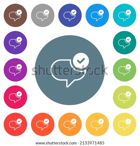 Message sent flat white icons on round color backgrounds. 17 background color variations are included.