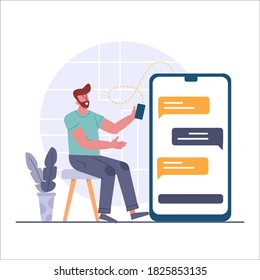 Message sent, happy man in casual clothes sending messages using smartphone to another phone, male person holding a smartphone, big phone with chat message screen vector illustration for website