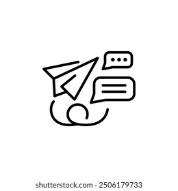 Message sent icon. A modern vector illustration featuring a paper airplane and speech bubbles, representing sending messages or communication. Ideal for apps, and social media. Vector illustration