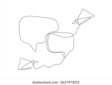 Message sent icon. A modern vector illustration featuring a paper airplane and speech bubbles, representing sending messages or communication. Editable stroke.

