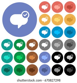 Message sent multi colored flat icons on round backgrounds. Included white, light and dark icon variations for hover and active status effects, and bonus shades on black backgounds.
